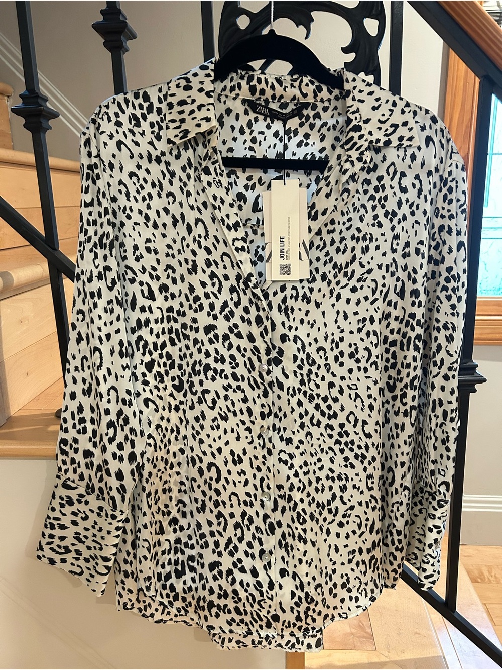 Zara Silky Black and White Animal Print Button-Down Shirt